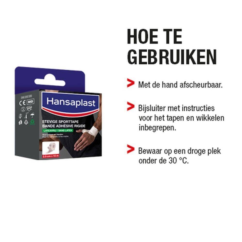 Hansaplast Sporttape verpakking. Blauwe en witte verpakking. Tekst: Bande Adhésive Rigide Sans Latex, 2,5 cm x 10 m. Instructies.