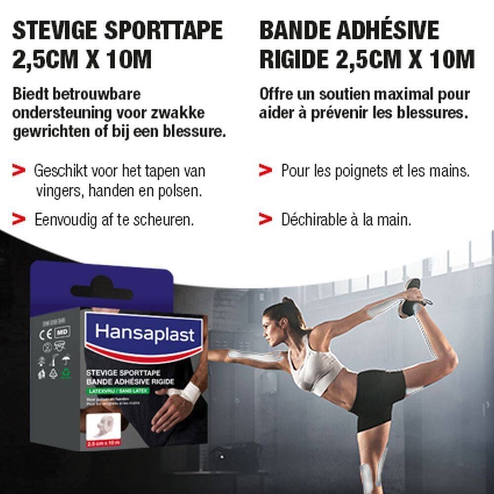 Hansaplast Sporttape verpakking. Blauwe en witte verpakking. Tekst: Bande Adhésive Rigide Sans Latex, 2,5 cm x 10 m. Vrouw doet yoga.