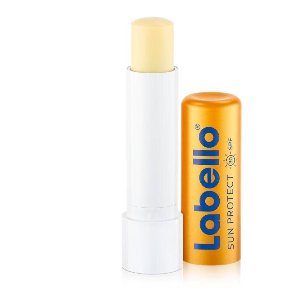 Stick Labello Sun Protect SPF30 ouvert. Tube jaune, stick blanc.
