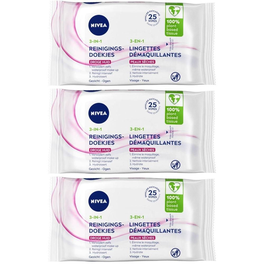 Drie pakken NIVEA 3-in-1 reinigingsdoekjes. Verpakking met 25 doekjes, voor de droge huid. 100% plantaardig weefsel.