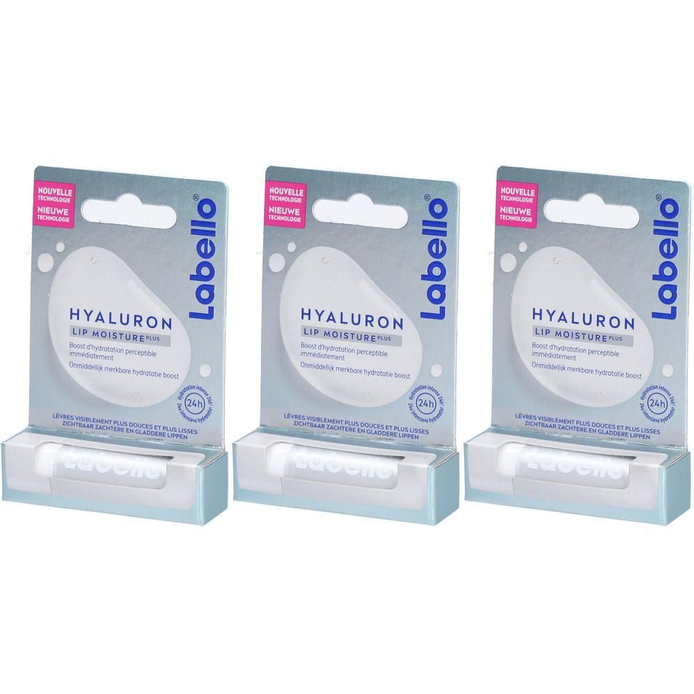 Trois produits Labello® Hyaluron Lip Moisture Plus. Bâtons de soin des lèvres blancs dans des présentoirs bleu clair.