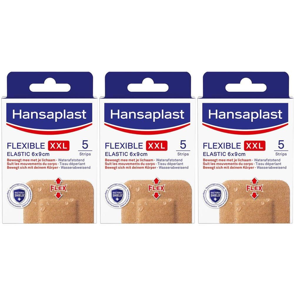 Drie verpakkingen Hansaplast XXL pleisters. Flexibele, waterafstotende pleisters voor gewrichten. 5 stuks.