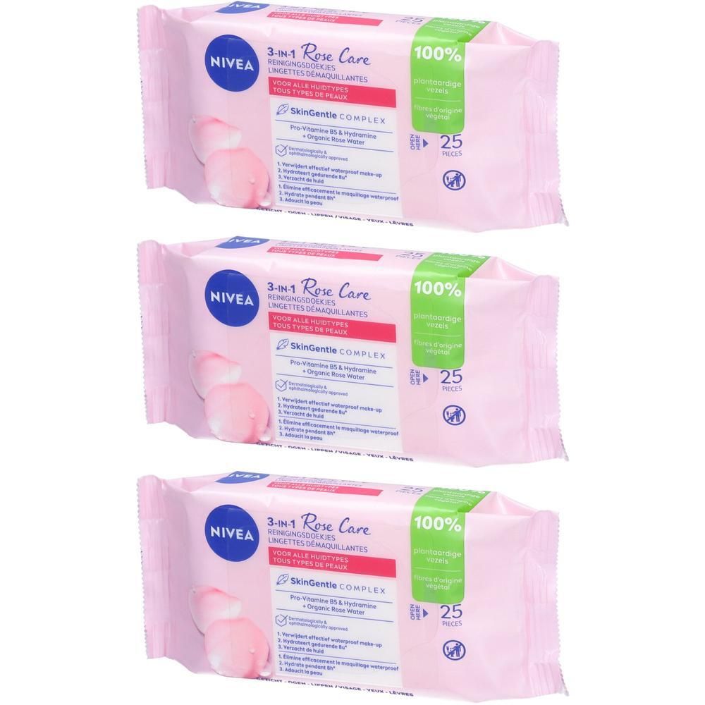 Drie pakken Nivea reinigingsdoekjes. Roze verpakking met productinformatie en logo. 100% ingrediënten van natuurlijke oorsprong.