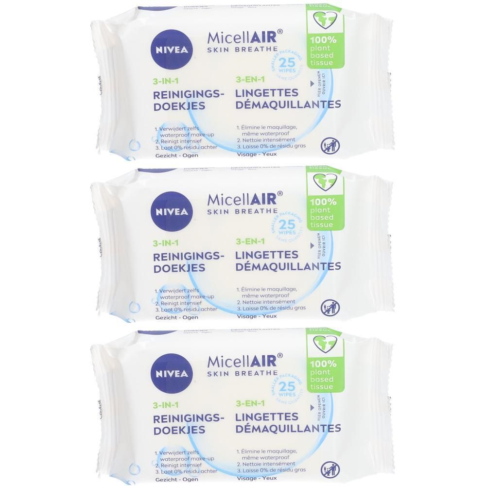 Trois paquets de lingettes démaquillantes Nivea MicellAIR. Chaque paquet contient 25 lingettes. Inscription : 3-en-1, 100% fibres végétales.