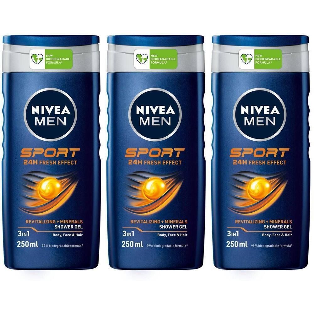 Trois flacons de gel douche bleus. Inscription : Nivea Men Sport, 24H Fresh Effect, 3en1, 250ml. Avec logo vert pour formule biodégradable.