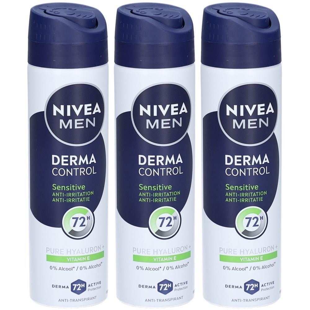Drie deodorant sprays met blauwe dop. Opschrift: Nivea Men, Derma Control, Sensitive. Groen omcirkeld getal 72.