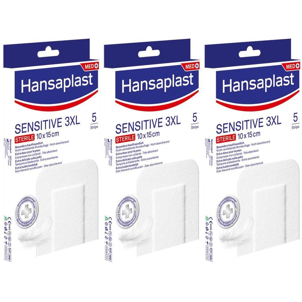 Drie verpakkingen Hansaplast Sensitive 3XL Stérile 10x15cm. Elke verpakking bevat 5 pleisters. Witte pleisters met wondkussen.