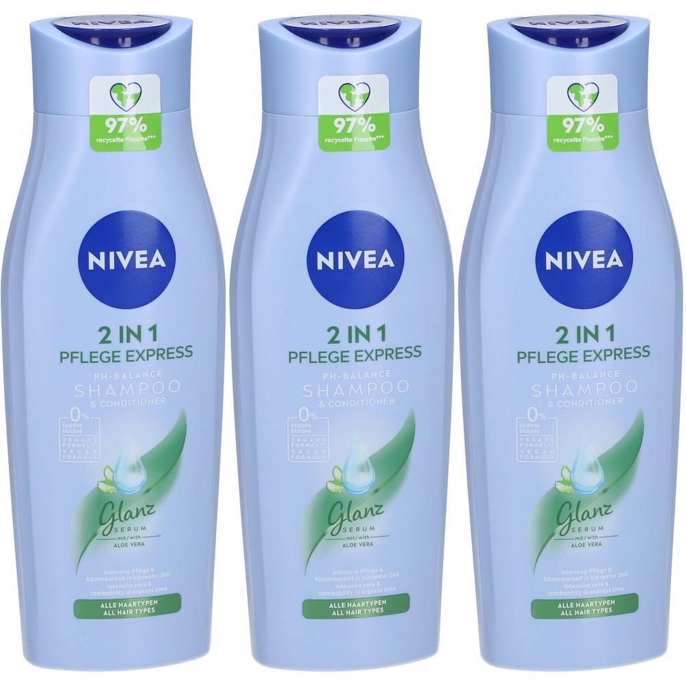 Drie flessen Nivea 2-in-1 shampoo. Lichtblauwe flessen met blauwe dop en logo. Tekst: 2 in 1 Pflege Express, Glanz Serum.