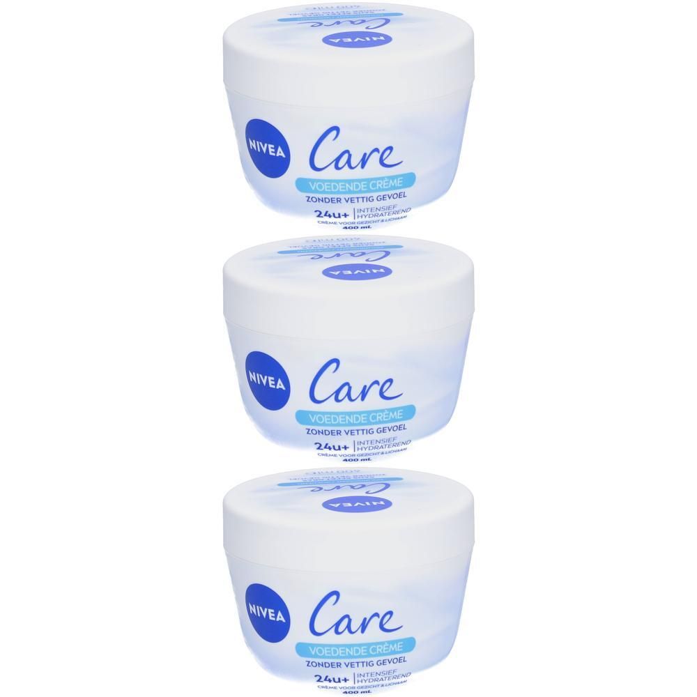 Trois pots blancs de crème Nivea Care. Inscriptions bleues : Nivea, Care, Voedende Crème. 24h+ Intensif.