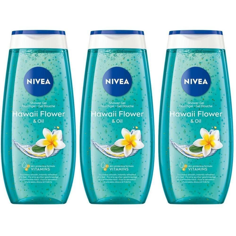 Drie flessen douchegel. Opschrift: Nivea, Hawaii Flower & Oil. Afbeelding van een bloem. Turquoise gel.