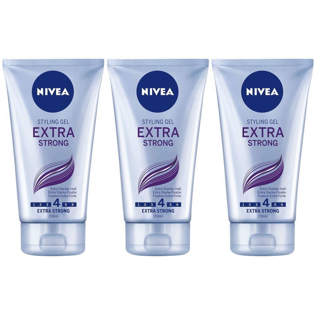 Trois tubes de gel coiffant Nivea Extra Strong. Emballage bleu clair avec texte blanc. Visible : marque, nom du produit, force.