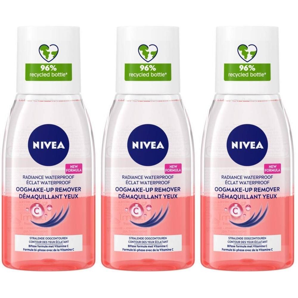 Trois flacons de démaquillant pour les yeux Nivea. Flacon transparent avec liquide rose. Bouchon blanc avec logo vert et texte.