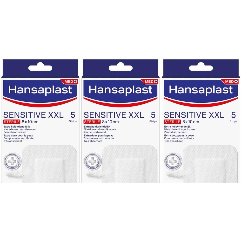 Trois boîtes de Hansaplast Sensitive XXL Stérile, 8x10cm. Emballage blanc avec texte bleu. Contient 5 pansements.