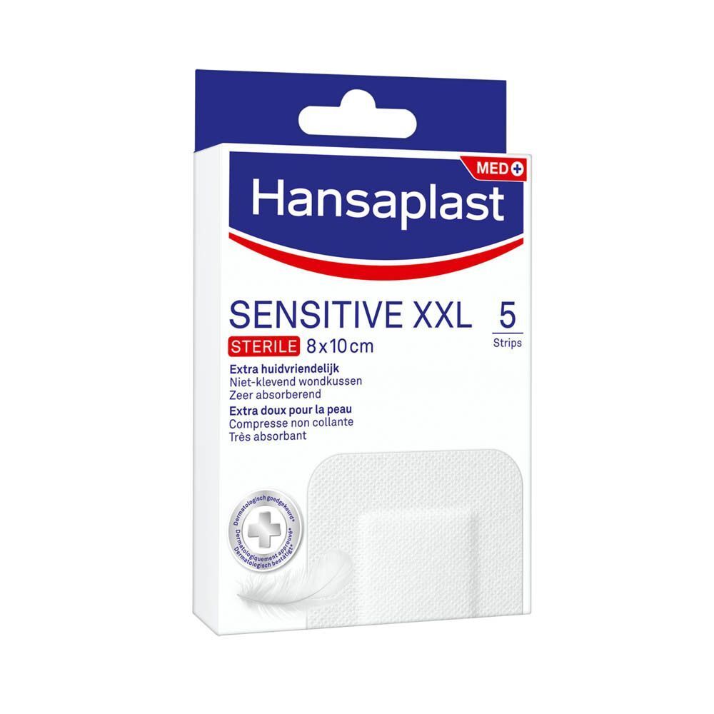 Hansaplast Sensitive XXL Stérile, 8x10cm. Witte verpakking met blauwe tekst. Bevat 5 pleisters. Productweergave.