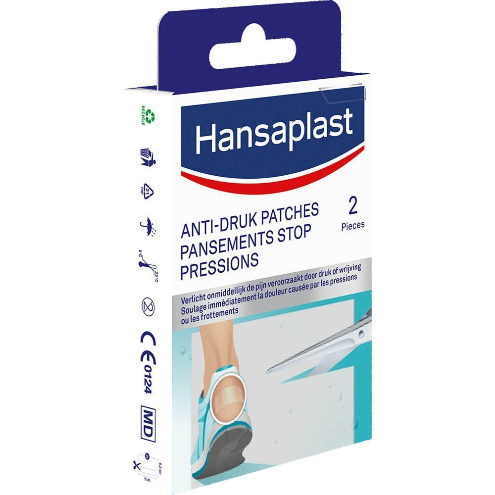 Verpakking Hansaplast Anti-Druk Patches. Bevat 2 pleisters. Opschrift: Anti-Druk Patches. Met CE-markering.