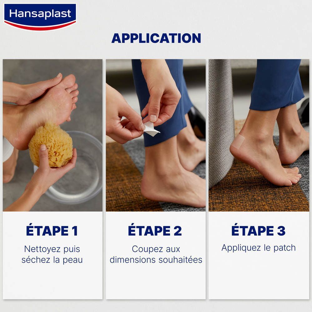 Étapes d'application : 1. Nettoyer et sécher la peau. 2. Couper à la taille souhaitée. 3. Appliquer le pansement.