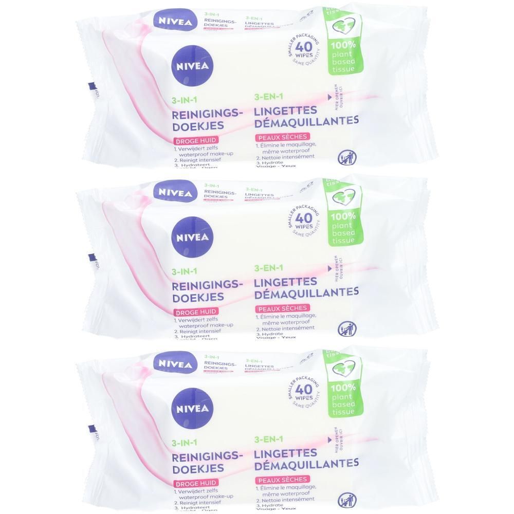 Drie pakken Nivea 3-in-1 reinigingsdoekjes. Witte verpakking met blauw logo en tekst. 40 doekjes per pak.