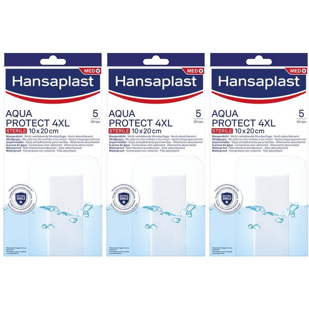Drie verpakkingen Hansaplast Aqua Protect 4XL steriele pleisters. Elke verpakking bevat 5 pleisters, 10 x 20 cm.