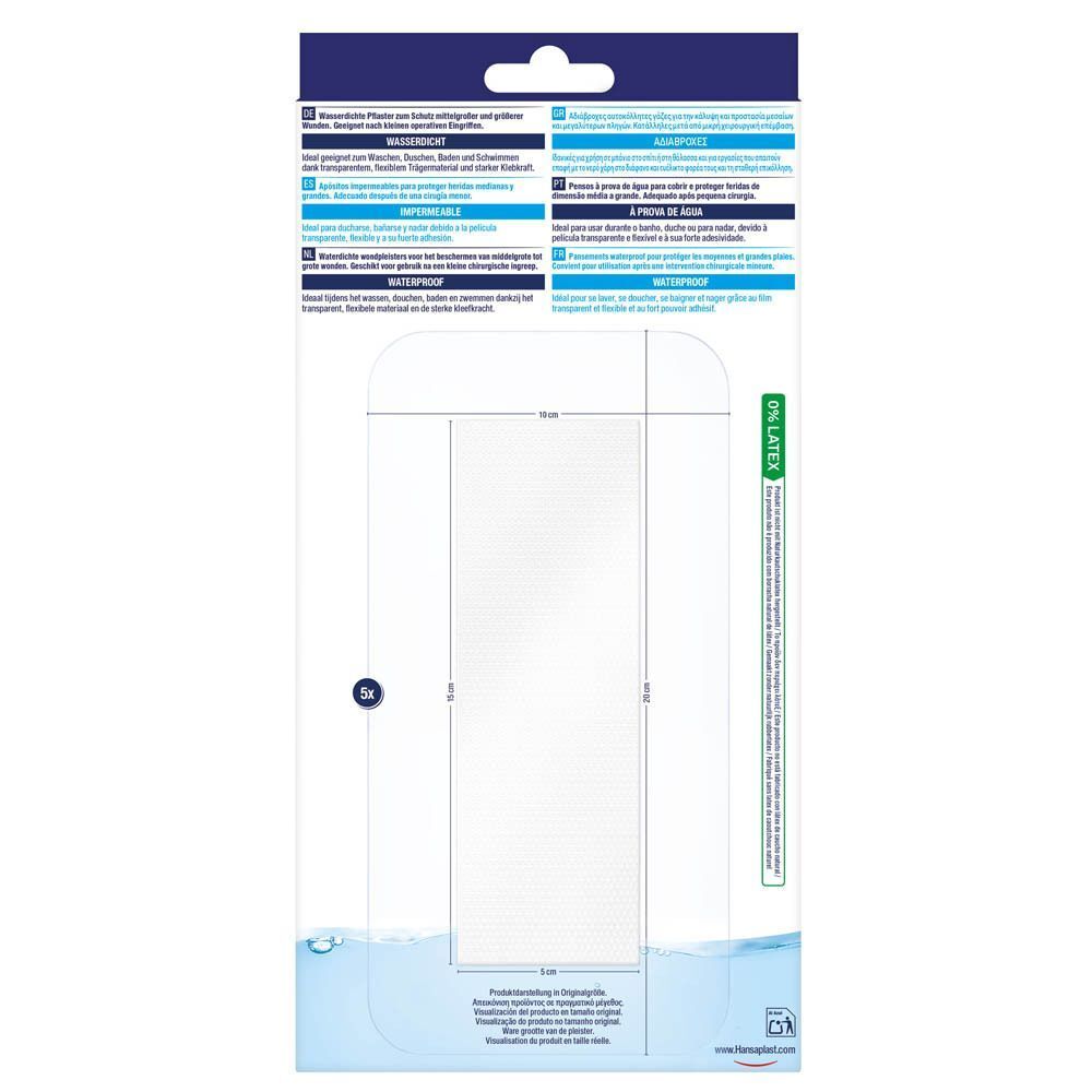 Dos d'un emballage Hansaplast Aqua Protect 4XL. Indique la taille du pansement : 10 cm x 20 cm. 3 pièces.