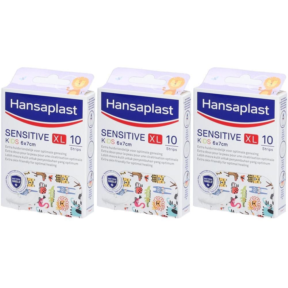 Drie verpakkingen Hansaplast Sensitive Kids XL 6x7cm. Opschrift: Sensitive, Kids, 10 strips. Verpakking met kinderlijke motieven.