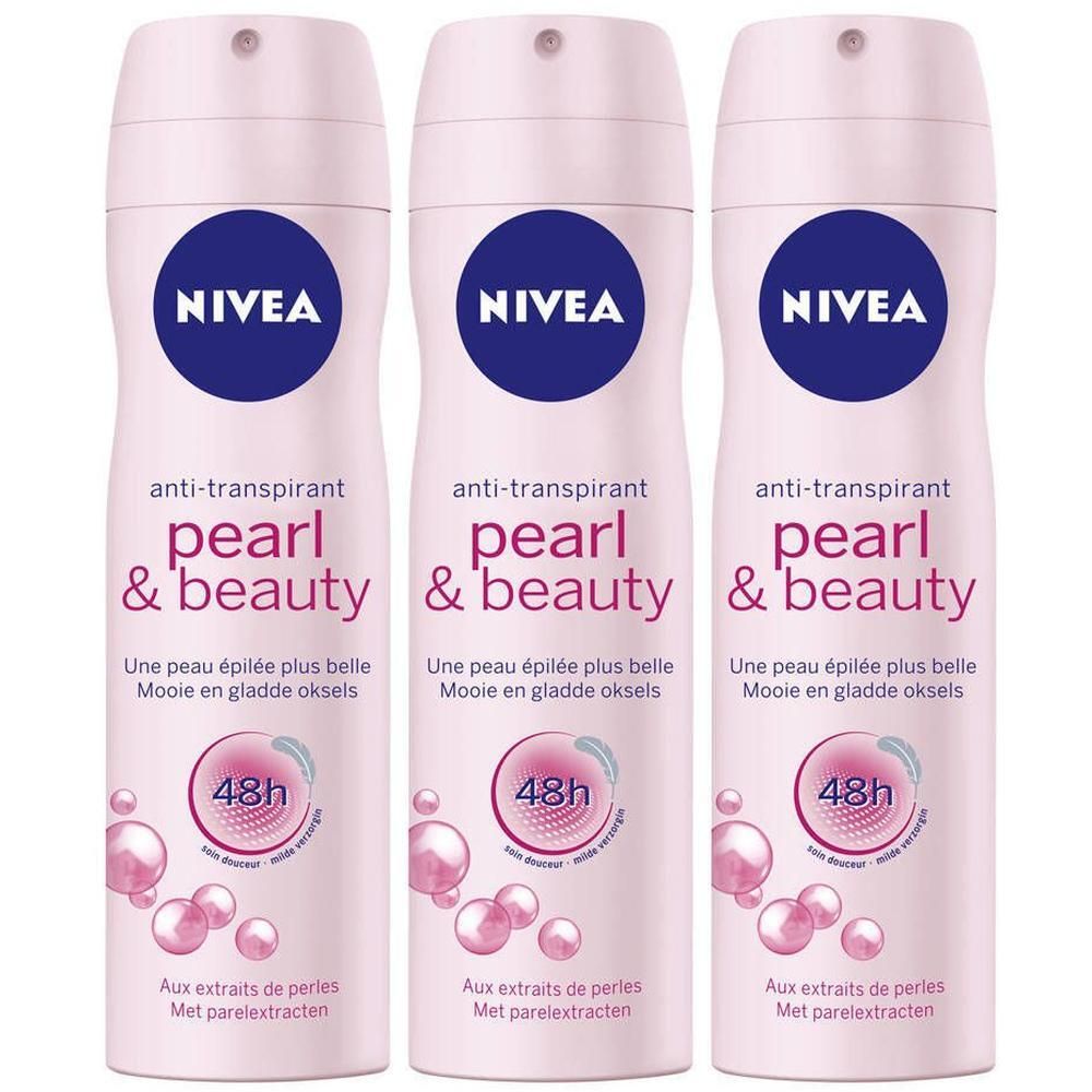 Drie roze NIVEA anti-transpirant sprays met blauwe logo's. Opschrift: Pearl & Beauty, 48h. Met parelextracten.