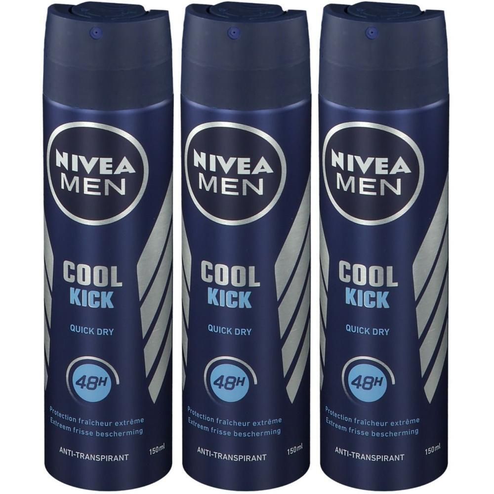 Trois déodorants bleus. Inscription: Nivea Men Cool Kick, 48H, Anti-transpirant. Flacon spray.