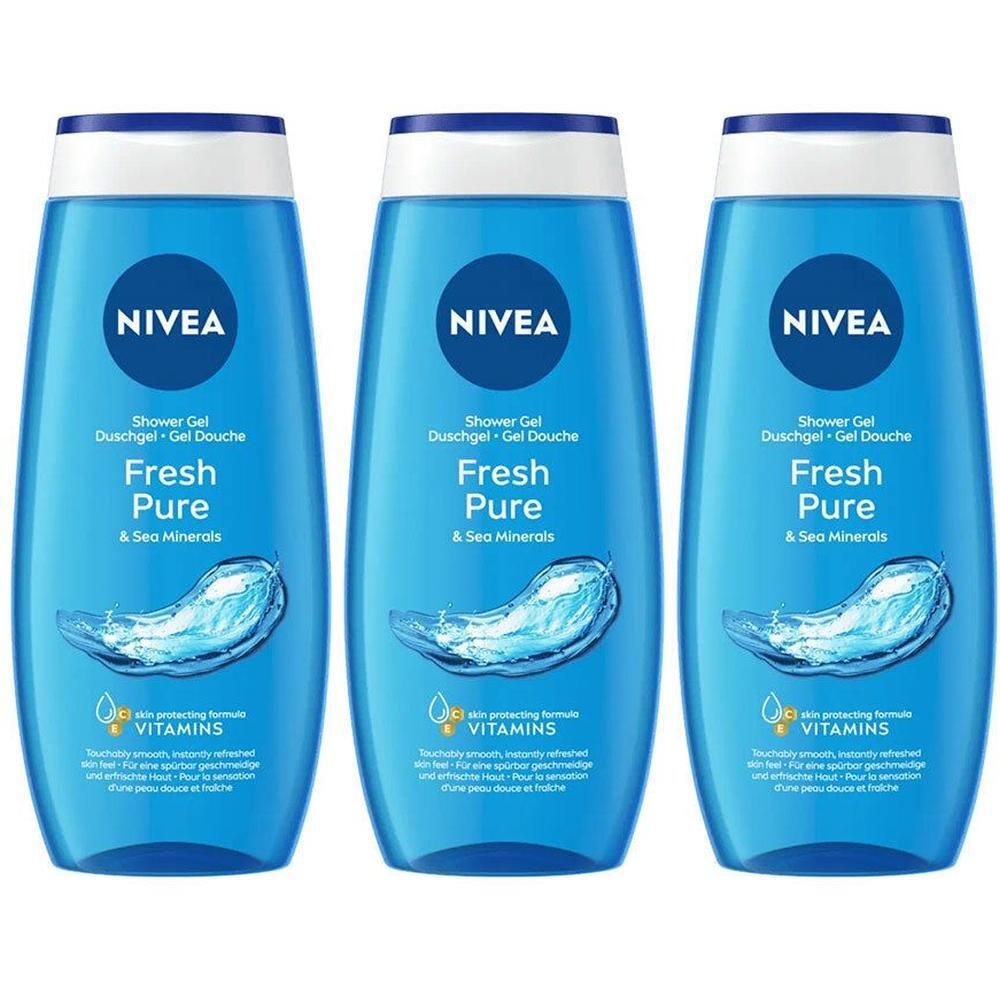 Trois flacons de gel douche bleus. Chaque flacon porte NIVEA, Fresh Pure & Sea Minerals. Bouchon blanc, liquide bleu.