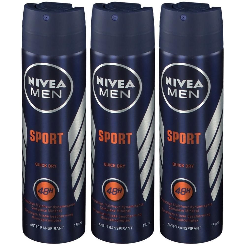 Trois déodorants bleus. Inscription: Nivea Men Sport, 48H, Anti-Transpirant. Bouchon pulvérisateur noir.