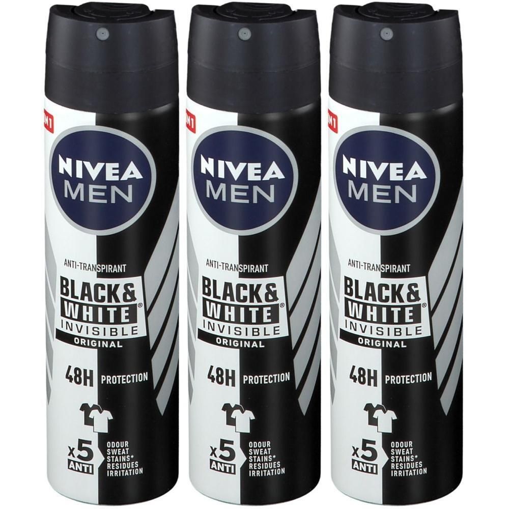 Trois déodorants Nivea Men Black & White Invisible Original. Boîtes noires et blanches avec couvercles noirs. Texte: 48H Protection.