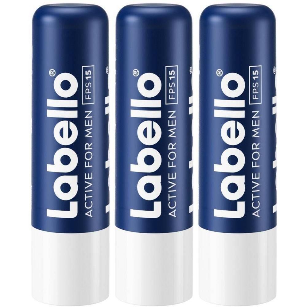 Drie Labello® Men Active SPF15 lippenbalsems. Blauwe huls met witte stick. Logo en tekst.