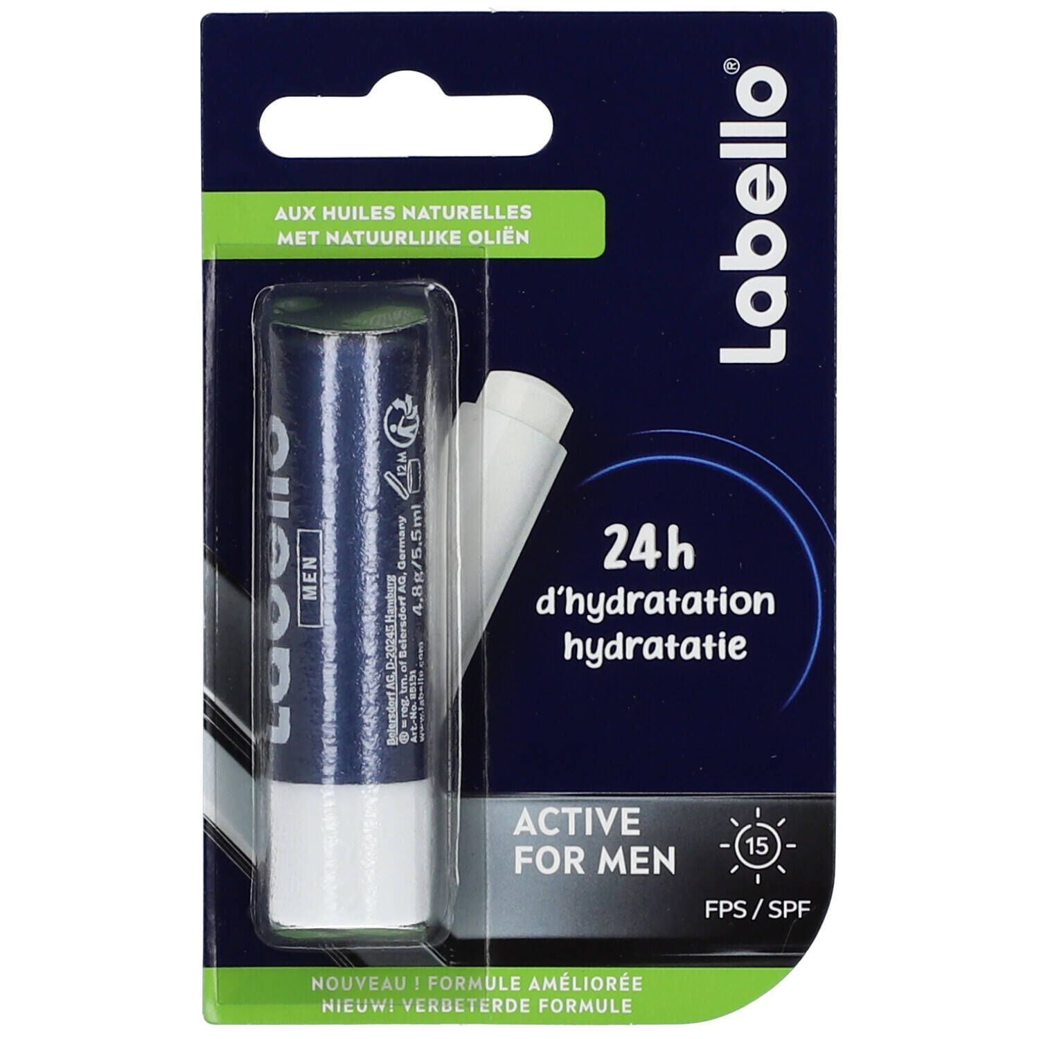Labello® Men Active SPF15 en emballage blister. Tube bleu, bâton blanc. Texte et logo.