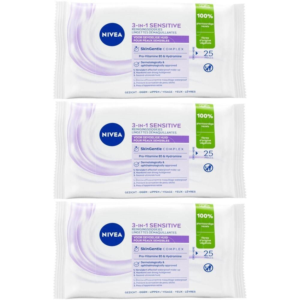 Trois paquets de lingettes démaquillantes Nivea 3-en-1 Sensitive. Emballage blanc avec accents violets et informations.