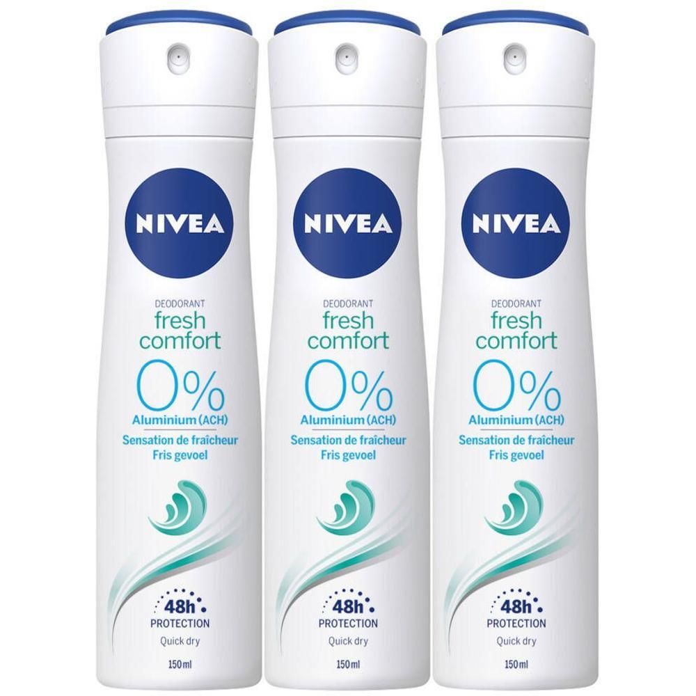Trois déodorants spray blancs avec bouchon bleu. Inscription NIVEA, fresh comfort, 0% Aluminium. Protection 48h, Quick dry. 150ml.