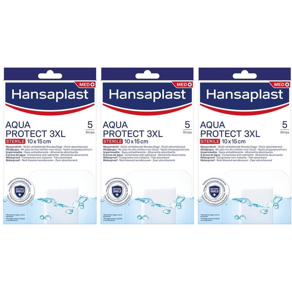 Drie verpakkingen Hansaplast Aqua Protect 3XL. Elke verpakking bevat 5 steriele pleisters, 10x15cm. Waterdicht.