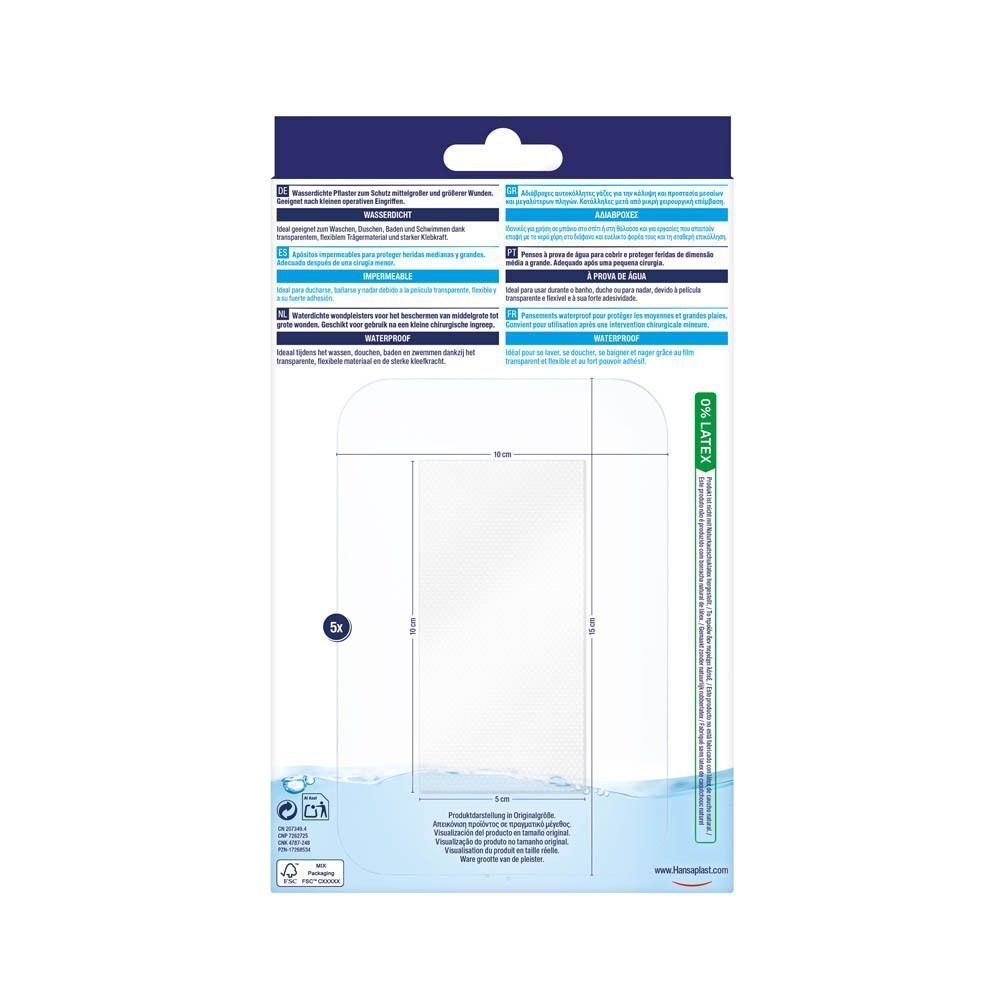 Achterkant van een Hansaplast Aqua Protect 3XL verpakking. Toont afmetingen en instructies in meerdere talen.