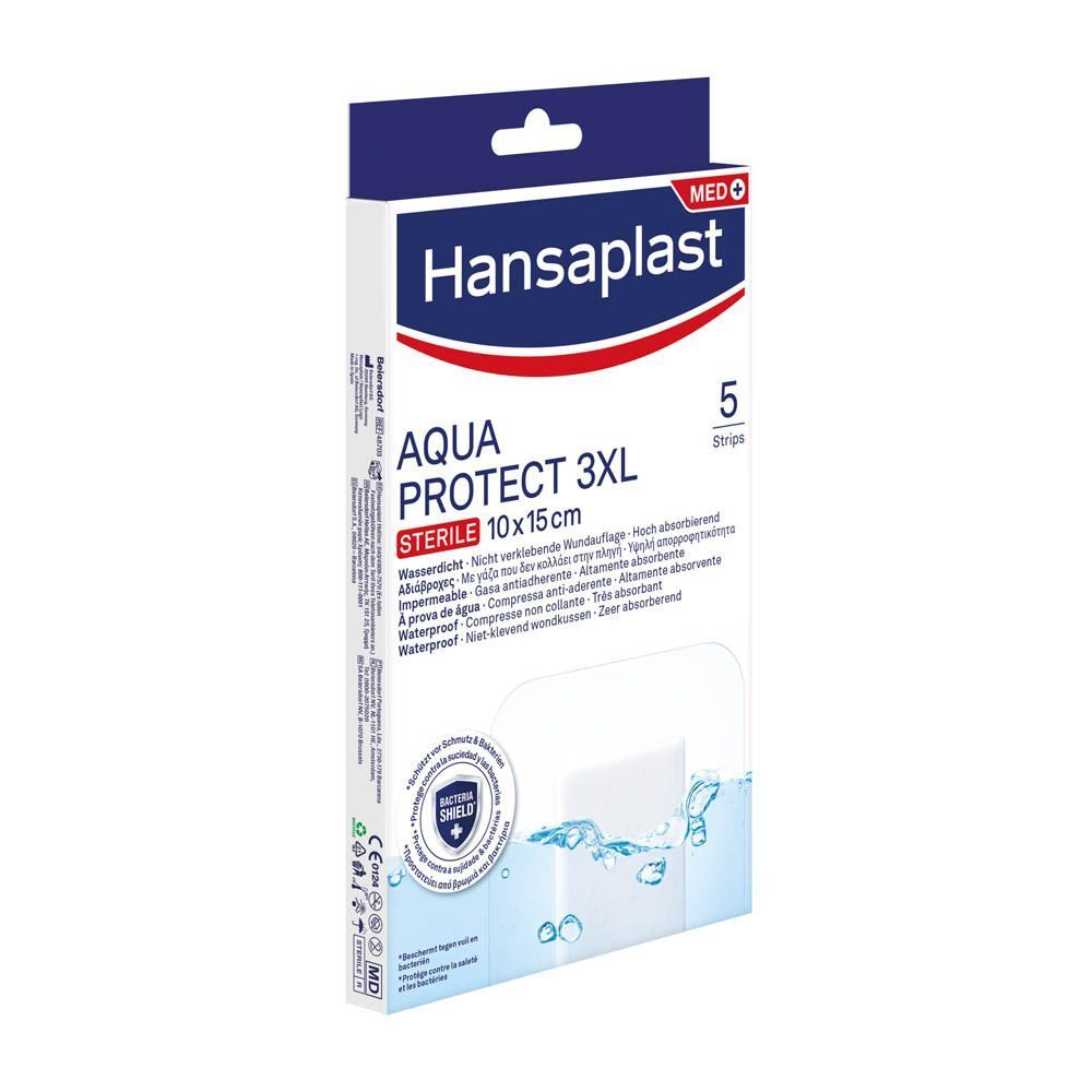 Paquet Hansaplast Aqua Protect 3XL. Contient 5 pansements stériles, 10x15cm. Imperméable.