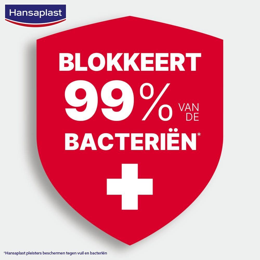 Rood schild met wit kruis en tekst: Blokkeert 99% van de bacteriën.