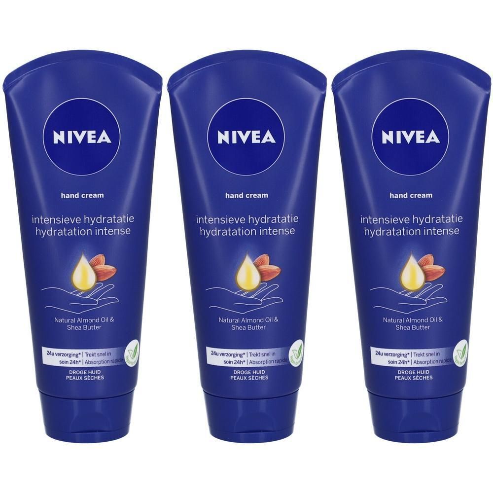 Trois tubes bleus de crème pour les mains. Chaque tube porte la marque "NIVEA" et "Hand Cream". Illustration d'huile d'amande et de beurre de karité.