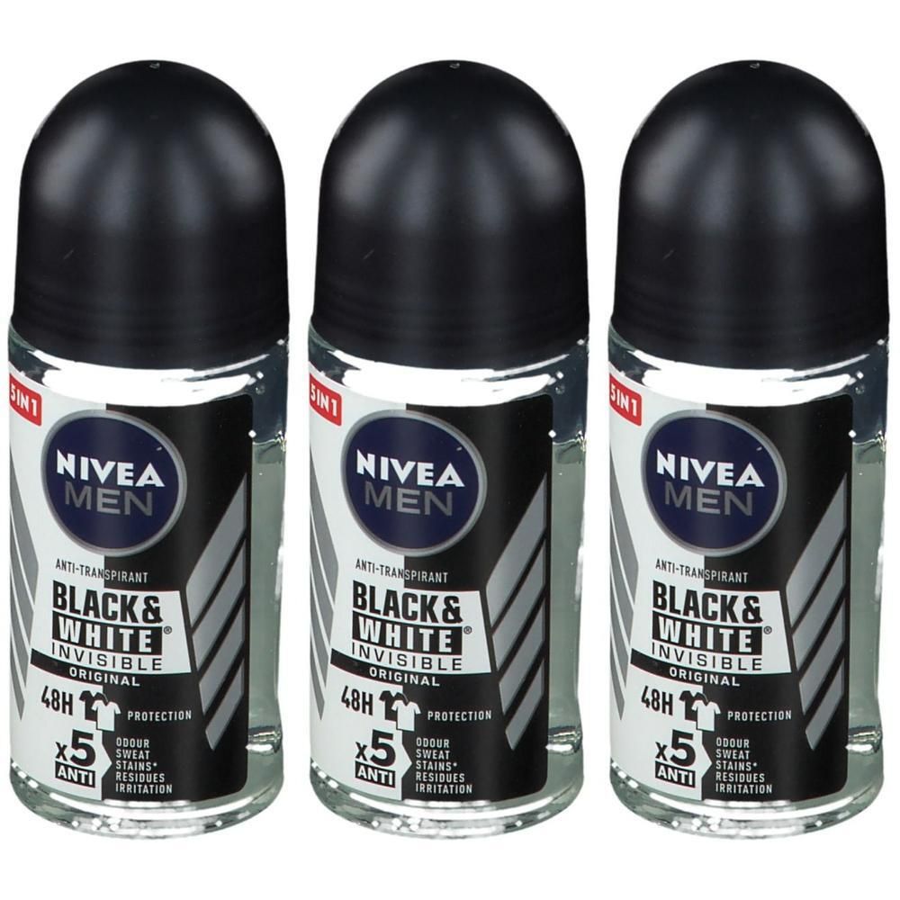 Drie roll-on deodorants met zwarte dop. Opschrift: Nivea Men Black & White Invisible Original. 48h bescherming.