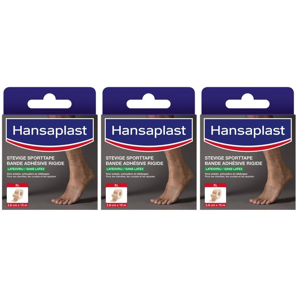 Trois boîtes de Hansaplast Sporttape. Chaque boîte montre le produit et un pied. Texte: Bande Adhésive Rigide Sans Latex.