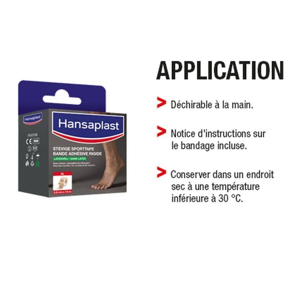 Emballage du produit Hansaplast Sporttape. Texte: Application, Déchirable à la main, Notice d'instructions sur le bandage incluse.