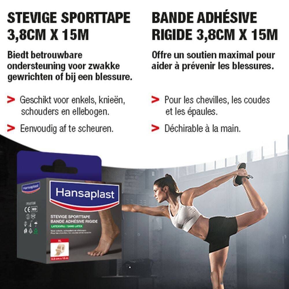 Emballage du produit Hansaplast Sporttape à côté d'une femme faisant du yoga. Texte: Stevige Sporttape, Bande Adhésive Rigide.