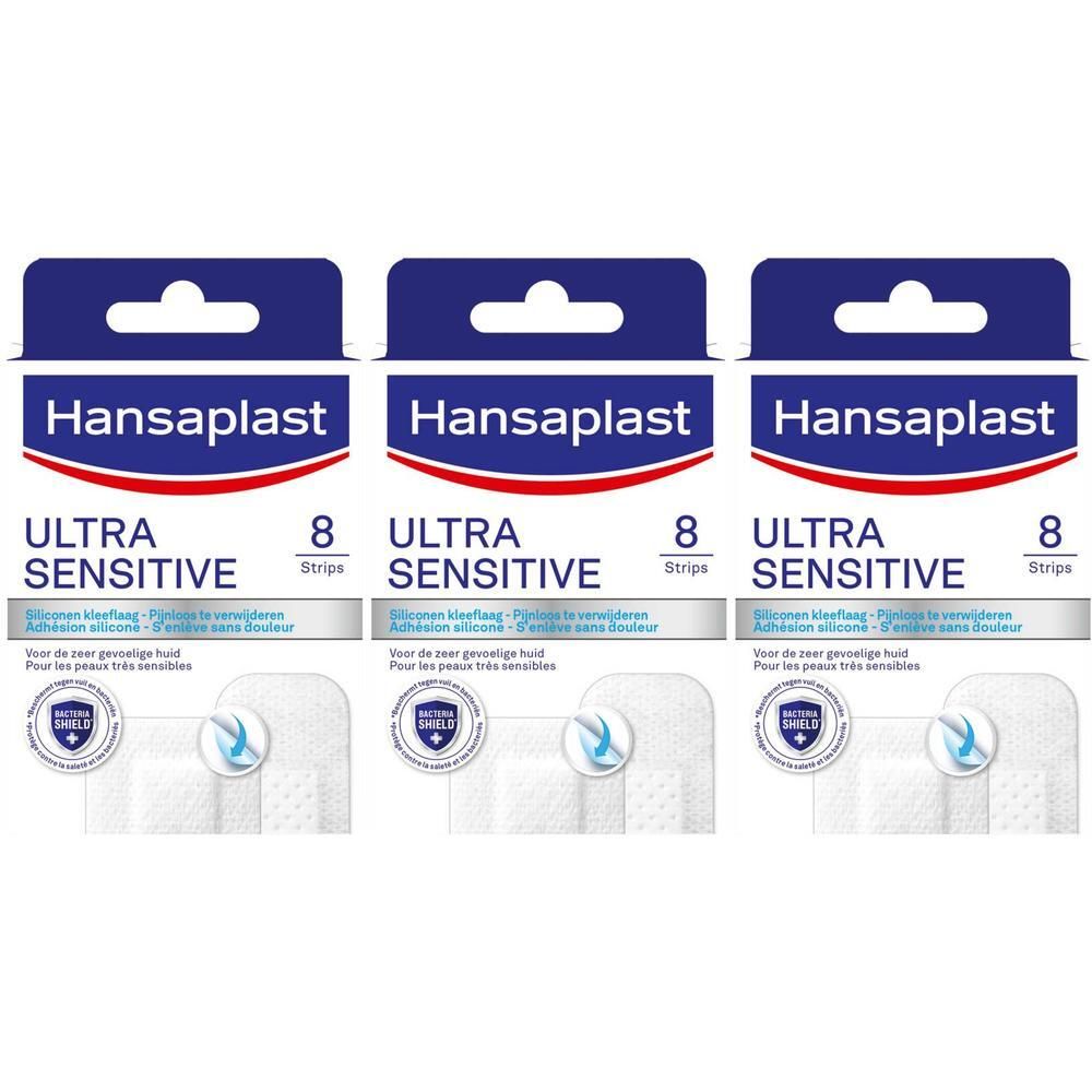 Trois boîtes de pansements Hansaplast Ultra Sensitive. Chaque boîte contient 8 pansements. Emballage bleu avec texte blanc.