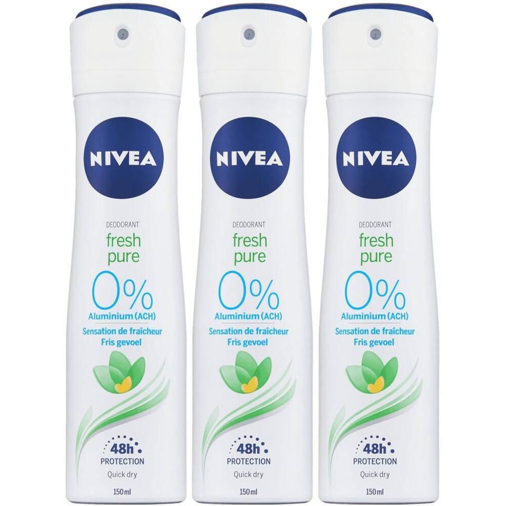 Trois déodorants blancs avec bouchon bleu. Inscription NIVEA, fresh pure, 0% Aluminium. Protection 48h, Quick dry. 150ml.