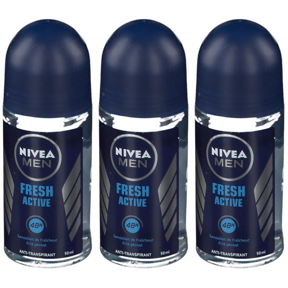 Drie roll-on deodorants met blauwe doppen. Opschrift: NIVEA MEN, FRESH ACTIVE, 48h. Anti-transpirant.