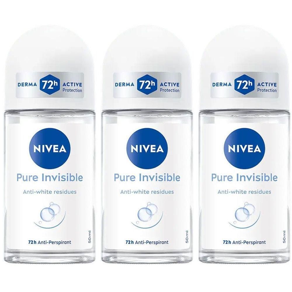 Drie roll-on deodorants. Witte doppen, transparante flacons. Opschrift: NIVEA Pure Invisible, 72h Anti-Transpirant. Met Derma-zegel.