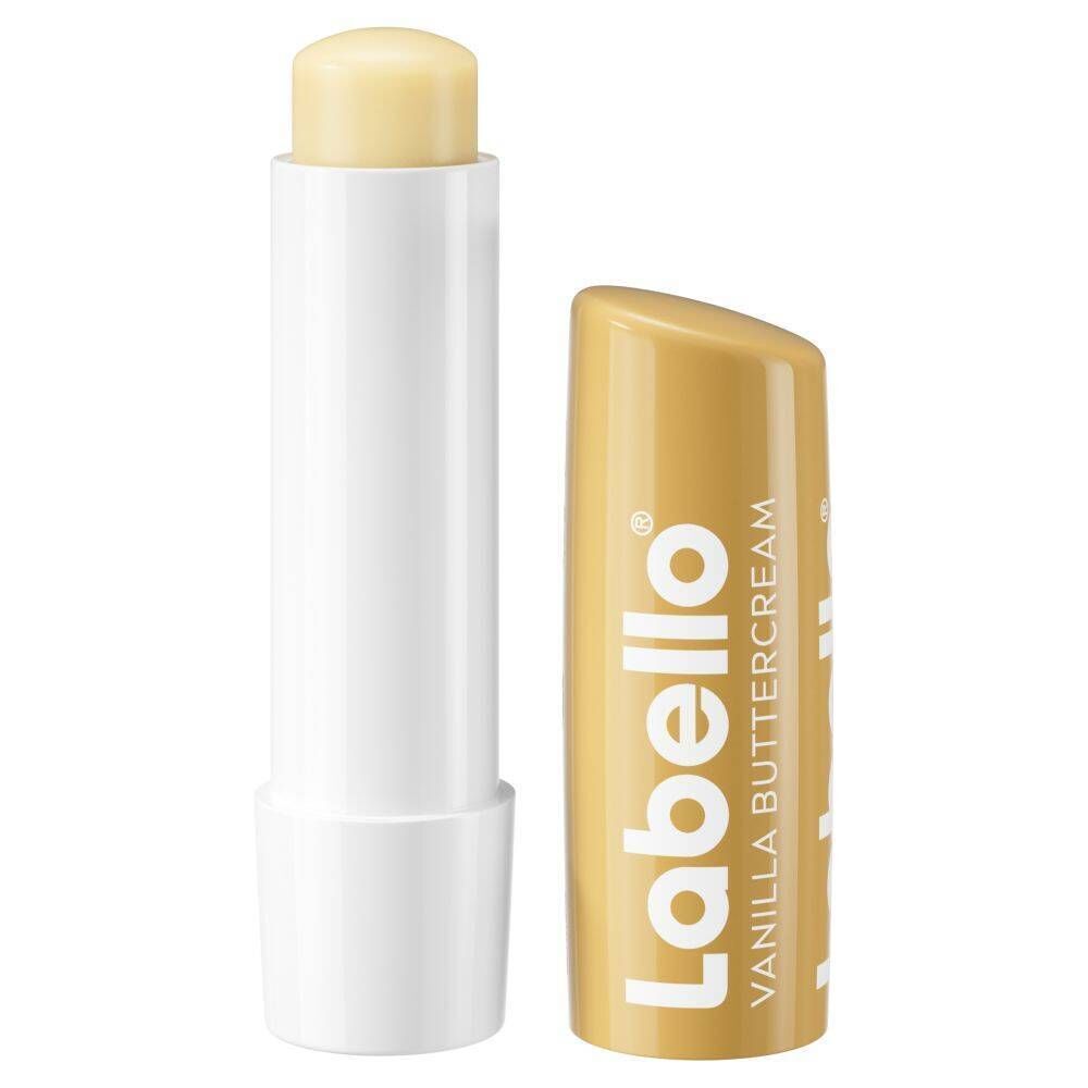 Gouden lippenstift met witte basis, open. Naast de dop. Opschrift: Labello Vanilla Buttercream.
