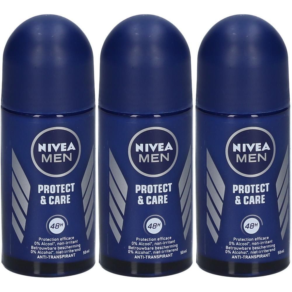 Trois déodorants roll-on bleus. Inscription : NIVEA MEN, PROTECT & CARE, 48h. Anti-transpirant, 0% alcool, non irritant.