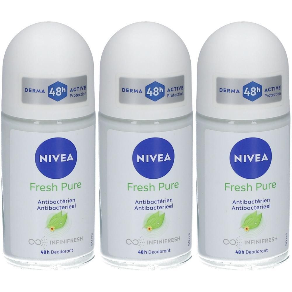Drie roll-on deodorants. Witte flessen met blauwe logo's en tekst. Opschrift: NIVEA Fresh Pure, 48h Protection, Antibactérien.