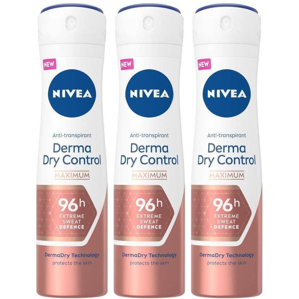 Trois sprays anti-transpirants Nivea Derma Dry Control. Bouteilles blanches et bleues avec nom du produit et indication 96h. Zone rose-brun.